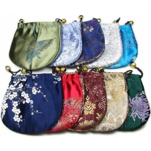 New Round Silk Jewelry Pouch Satin Patterns Gift Bag Mix Color Favor Drawstring Gift Pouch Wedding Jewelry Big Size 11cm or 13cm