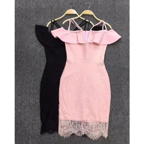 New sexy strapless ruffles women bandage dresses lace pink black bodycon ladies celebrity party dress