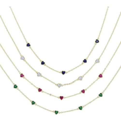 Heart Charm Choker Necklace Red Blue Green White Heart Cubic Zirconia Colorful CZ Paved Delicate Link Chain Choker Jewelry