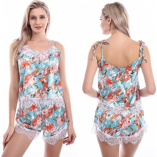 Sexy Lingerie Women Pajamas Pants Set Floral Print Sling Summer Sleeveless V Neck Blue Pajamas for Women 2021 Pizama Damska