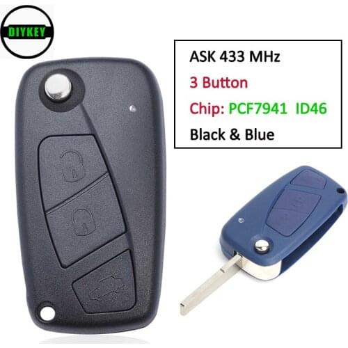 DIYKEY Flip Remote Key Black & Blue Fob 3 Button ASK 433MHz PCF7941 ID46 Chip for Fiat Panda 2003 2004 2005 2006 2007 2008-2012