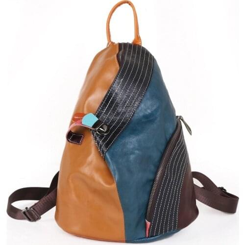 Genuine Leather Backpack Stylish Color Block Fashion School Bag Women Mens Casual Travel Bag Unique Rucksack Gift for Student