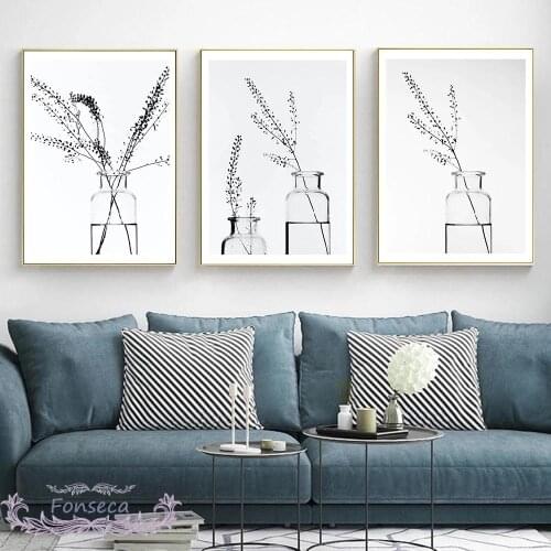 Nordic Black White Realistic Plant Clear Water Bottle Illustration Posters and Prints Wall Art Canvas Painting Decor Pictures