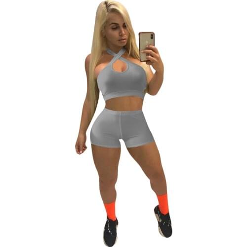 Sportswear Solid Tracksuit Women Summer Sexy Fitness Halter Holloe Out Crop Top + Biker Shorts Bodycon Two Piece Set Outfits