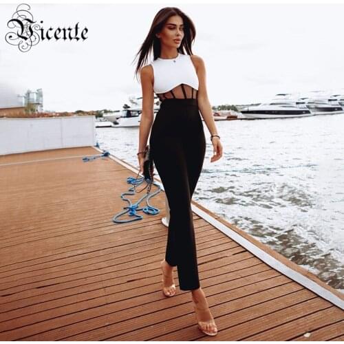 VC All Free Shipping New Trendy Striped Voile Splicing Design Color Block Sexy Sleeveless Celebrity Party Bandage Jumpsuit