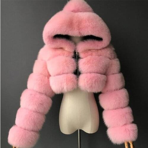 High Quality Furry Cropped Faux Fur Coats and Jackets Women Fluffy Top Coat with Hooded Winter Fur Jacket 2020