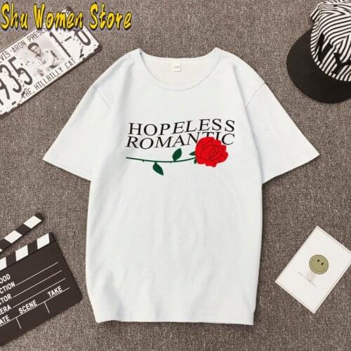 Hopeless Romantic Rose Print T-shirts Women Summer Graphic Tee Streetwear Casual Harajuku Top Round Neck Aesthetic Clothes Femme