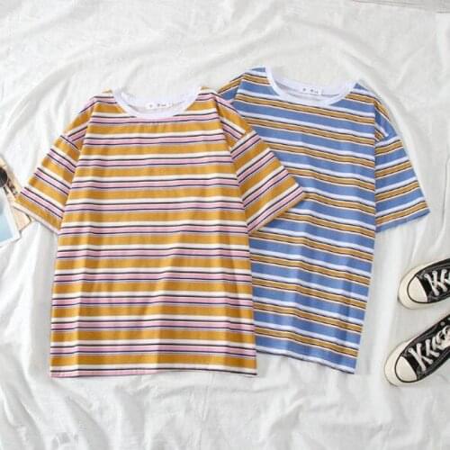 Striped Color T-shirt Women Spring Summer Short Sleeve Round Neck Women Tops Tees Slim Fit Tee shirt Femme