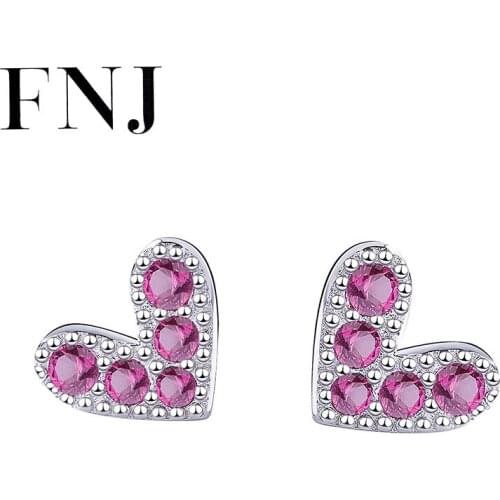 FNJ Heart Earrings 925 Silver Jewelry Original Pure S925 Sterling Silver Stud Earring for Women Rose Red Zircon