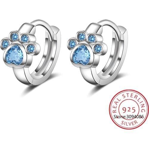 Luxury Elegant Style Jewelry Blue Crystal 925 Sterling Silver Earrings For Women Cute Dog Paw Hoops Earrings FQL20011