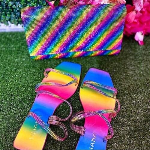 New Colorful Rainbow Rhinestone Womens Slides Fashion Sexy PU Comfort Female Outdoor Casual Slippers