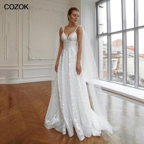 Silver Empire Sequined Bridal Gowns V-Neck With Straps Beading Wedding Dresses Long Shawl Sleeves Brides Dress 2021