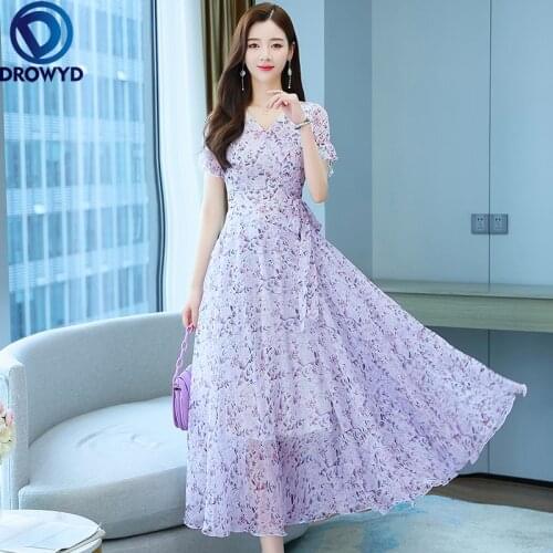 2021 Summer Boho Beach Maxi Dress for Women Fashion V-neck Floral Printed Short Sleeve Women Chiffon Long Dresses Party Vestidos