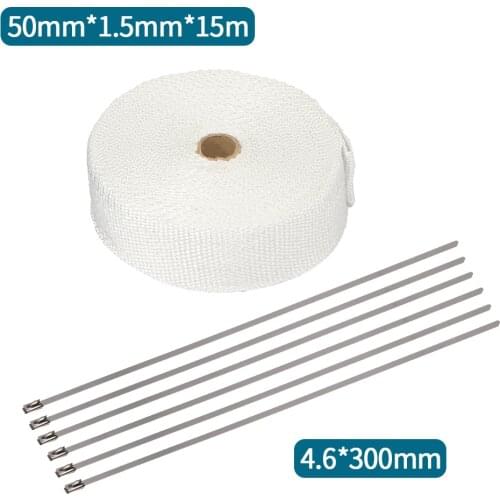 5cm*5M 10M 15M White Exhaust Heat Wrap Roll for Motorcycle Fiberglass Heat Shield Tape with Stainless Ties