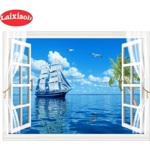 5D Diy Diamond Painting Cross Stitch full Square Diamond Embroidery Winter ship seascape scene window picture for room Decor