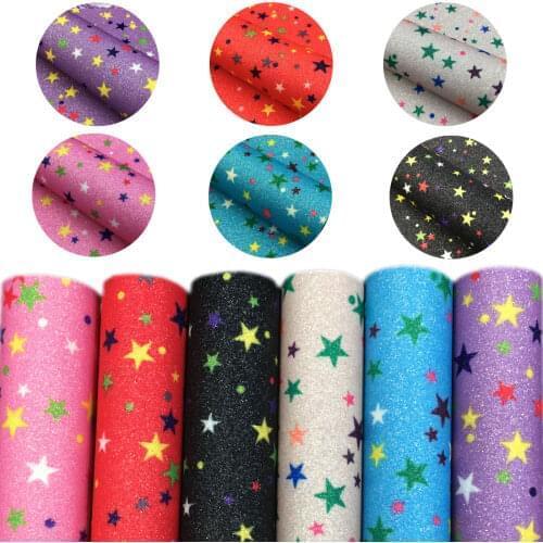 6pcs Iridescent Rainbow Sparkling Star Fine Glitterwishcome Floral Printed PU Leather Fabric For Bow Craft Earring DIY Material