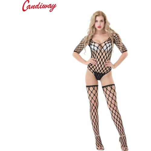Candiway Black Sexy teddy bodysuit Backless underwear Deep V Hollow Out Netting erotic lingerie costumes suit stockings panty