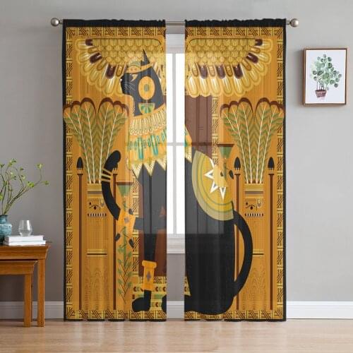 Egypt Black Cat Totem Retro Screens Voile Tulle Sheer Curtains for Bedroom Living Room Kitchen Decor Chiffon Windows Curtain
