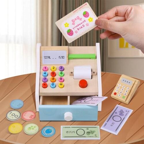 Simulation Cash Register Credit Card Machine Wooden Young Interactive Play House Cash Register Wooden Toys Set Favorable