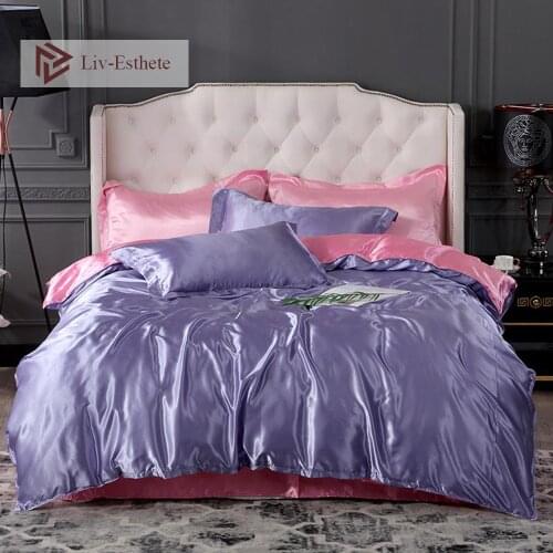 Liv-Esthete Satin Bedding Set Duvet Cover Shiny Purple+Pink Adult Girl Quilt Cover Flat Sheet Bed Linen Set Bedspread Bedclothes