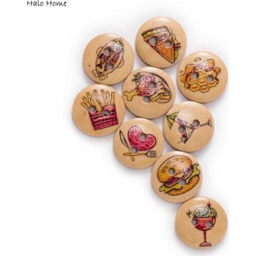 50pcs Party Food Pattern Round Wooden Buttons Sewing Scrapbook Clothing Gifts Crafts Handwork Accessories 15mm