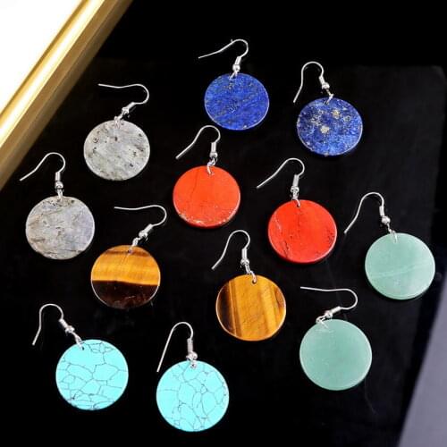Round Shape Natural Stone Slice Disc Dangle Earrings Women Polished Tiger Eye Kallaite Stone Circle Earrings Jewelry Wholesale