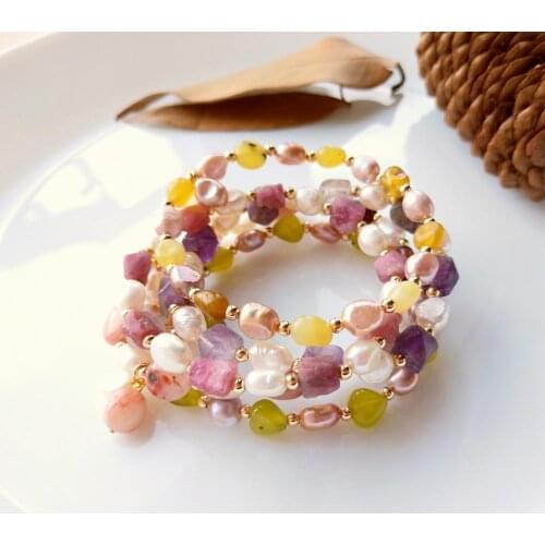 Lii Ji 6-7mm Small Baroque Pearl Bracelet Amethyst Lemon Jade Pink Tourmaline Carnelian Elastic Bracelet For Women or Girl