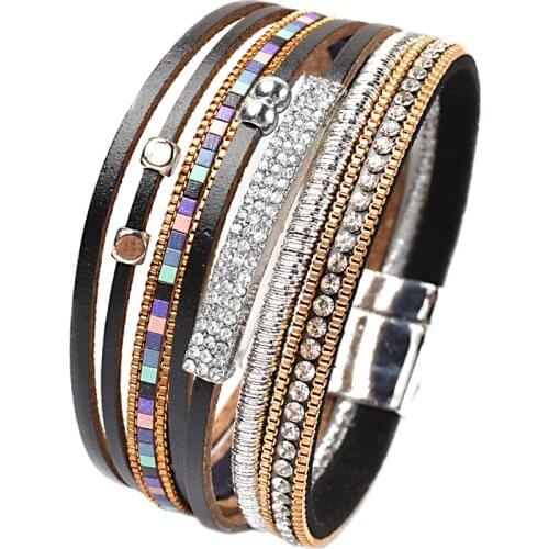 Kirykle Metal Bar Charm Leather Bracelets For Women Trendy Boho Braided Rope Wide Multilayer Wrap Bracelet Female Jewelry