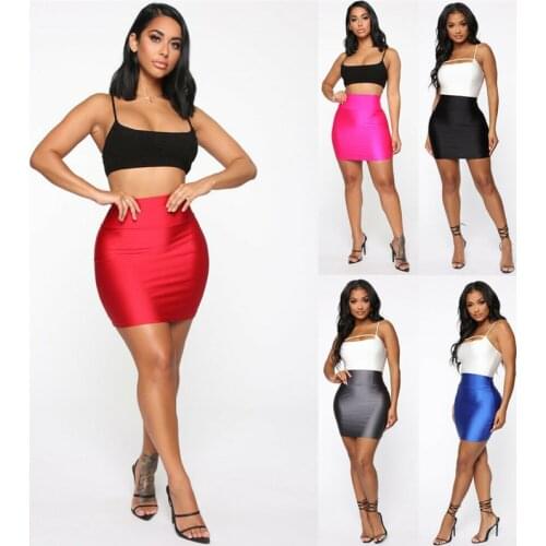 Fashion Women High Waist Casual Solid Soft Skirt Elastic Waist Bodycon Short Mini Pencil Skirt Slim Faux Leather Stretch Skirt