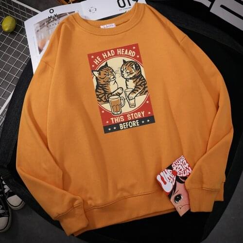 Cat Drink Beer He Had Heard Story Before Print Sweatshirt Man Autumn Casual Hoody hip hop Loose Hoodie Warm Fleece Tops Women