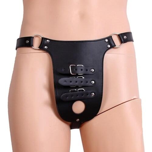 Men Dildo Underwear Strapon Leather Crotchless Panties Chastity Penis Cage Cock Ring BDSM Bondage Belt Fetish Sexy Briefs Thongs