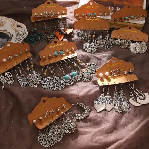 FNIO Ethnic Silver Color Geometric Earrings Sets for Women Girl Statement Jewelry Vintage Round Circle Drop Earrings Gifts