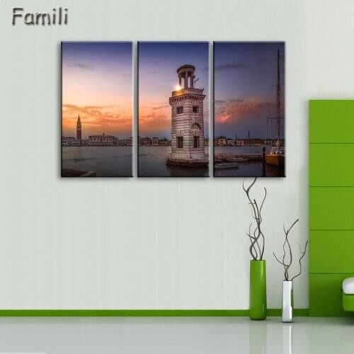 3Panel Living room bedroom home wall decoration fabric poster cefalu italy sicily sea landscape mountain rock church houses