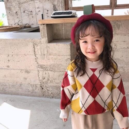 19 winter new childrens sweater retro diamond checkered girls Korean childrens wear padded boys knitted pullovers