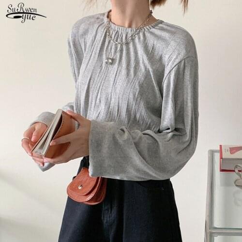 Fall 2020 Women Long Sleeve Cotton Blouse Short Crop Tops Loose Shirt Blusas O-neck casual blouses Korean Fashion Clothing 12346