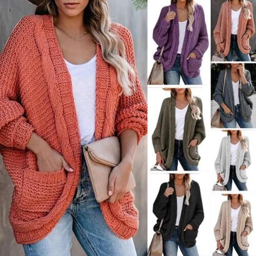 2020 Autumn Winter Knitwear Cardigan Sweater Women Winter Solid Color Knitted Pocket Loose Large Size Cardigan Sweater Coat