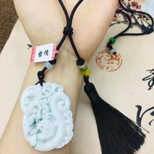 Natural Burmese Emerald Jade Carving Retro Dragon Pendant with Hand-knitted Tassel Necklace Mens and Womens Sweater Chain