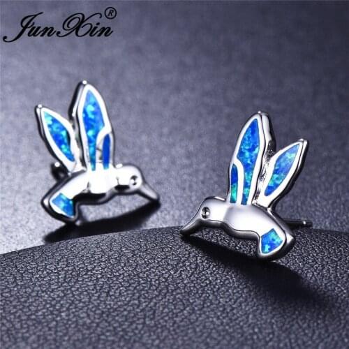 JUNXIN White Gold Filled Animal Pigeon Stud Earrings For Women Blue White Fire Opal Earrings Female Birthstone Birds Earrings