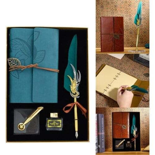 Retro Calligraphy Feather Dip Fountain Pen Writing Ink Notebook Stationery Box B36C