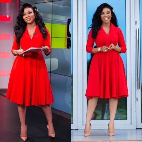 VITIANA Women Red Office Dress Summer 2021 Female Deep V-neek Lady OL A-Line Dresses Femme Africa Mini Vestidos OL