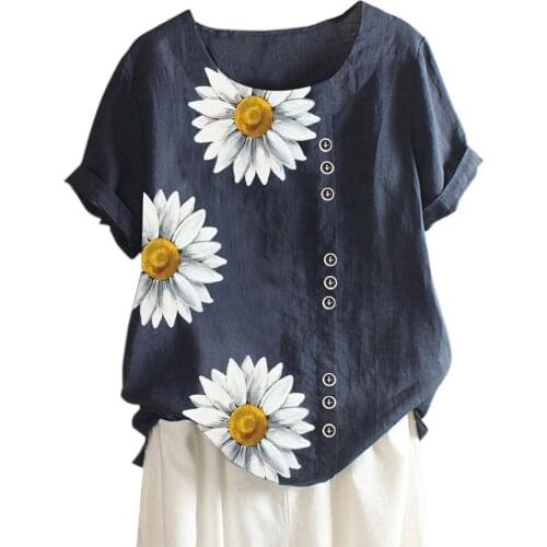 Womens Daisy Prints Blouse Casual Loose Blouse 2021 Summer Button Plus Size Top Boho Daisy Prints Tops Блузки Женские Новинки