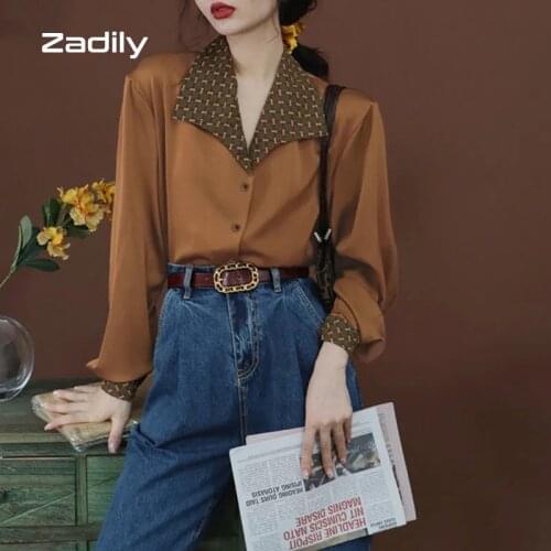 Zadily 2021 Autumn Long Sleeve Patchwrok Shirt Women Vintage Button Up Turn Down Collar Ladies Blouse Slim Female Work Clothing