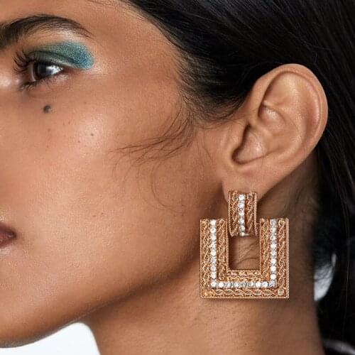 ZA Earring Fashion Womens Gold Metal Square Geometric Big Dangle Earrings Female Trendy Rhinestone Statement Hanging Earring