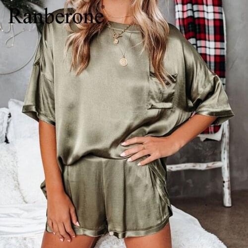 Ranberone 2 Piece Womens Suit Solid Color Round Neck Tracksuit Loose Short Sleeved + Shorts Casual Home Service Suit 2021