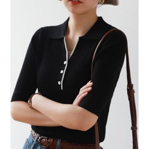 Women Soft Thin V-neck Slim Short-sleeved Sweater Slim-fit Shirt