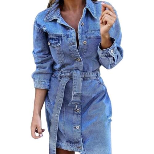 Autumn Casual Fashion Denim Dress Single-breasted Belt Spring Autumn Lapel Pockets Irregular Hem Ripped Dress for Office 2021New