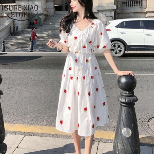 Vestidos Plus Size 2021 Summer Dress Print Women Dress V Neck Midi Dresses Short-Sleeve Cotton Korean Lantern Vintage New 9372