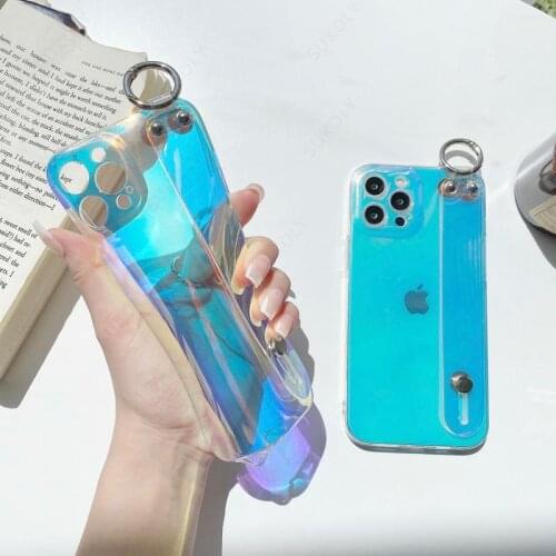 Laser Hand Strap Case For iPhone 12 Pro Max 11 XR XS X 7 8 Plus SE 2020 12 Mini Wristband Holder Soft Case Cover Clear Bumper