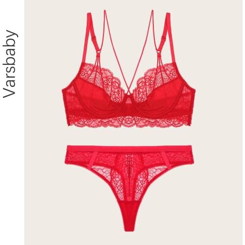 Varsbaby sexy thongs lace 3/4 cup lingerie deep V unlined underwear set lace hollow bra set