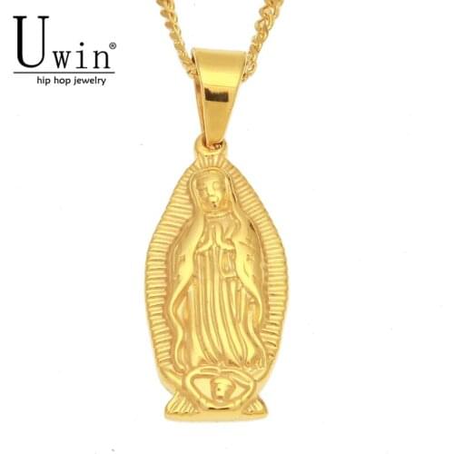 UWIN Stainless Steel Oval Virgin Mary Pendant Mens Hip hop Jewelry Golden Punk Rock Pendant Necklace Cuban Chain Religious